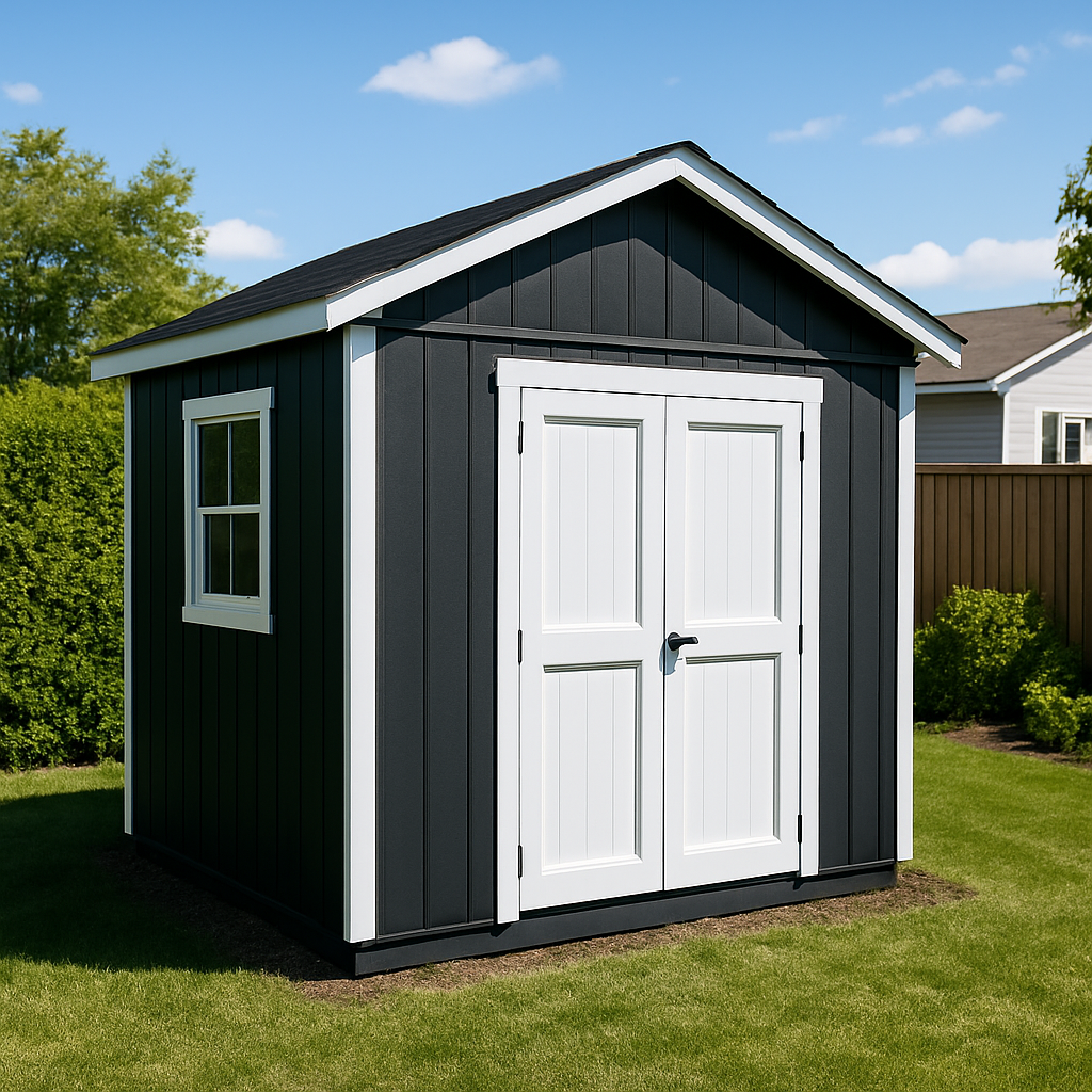 Cabane de jardin repeinte en charbon avec moulures blanches
