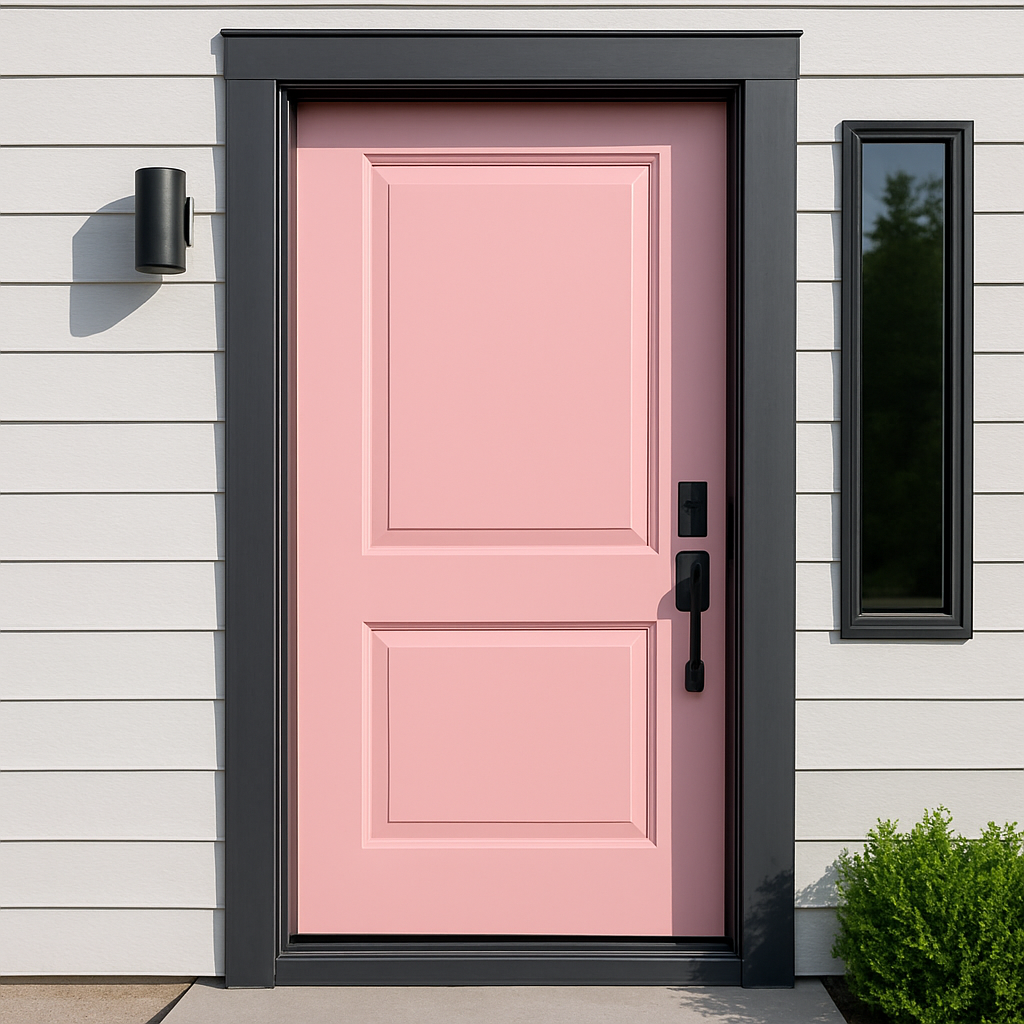 Porte d’entrée repeinte en rose avec cadrage charbon