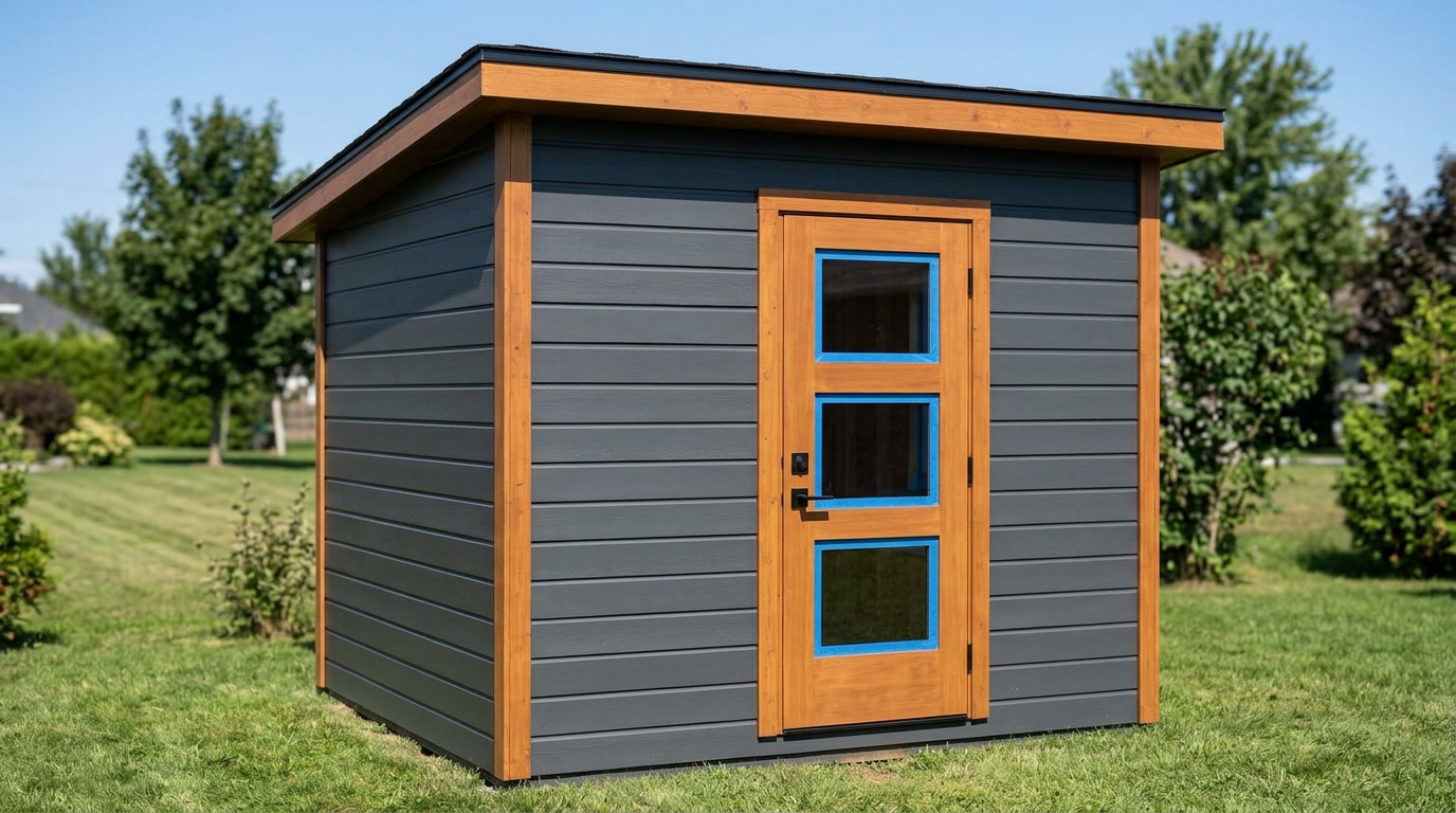 Cabanon moderne gris foncé avec porte et cadrages en bois
