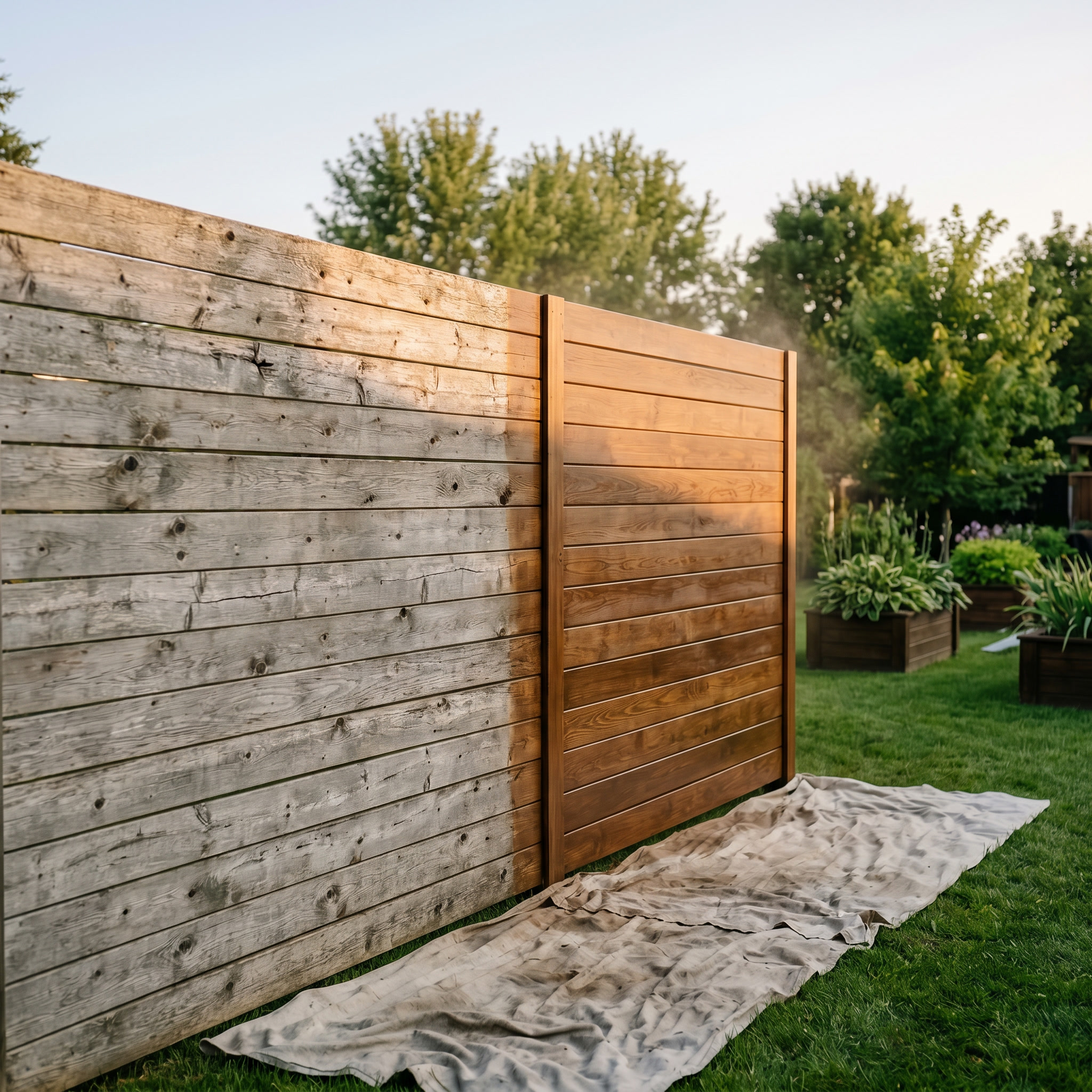Clôture en bois fraîchement teinte, contraste avant et après